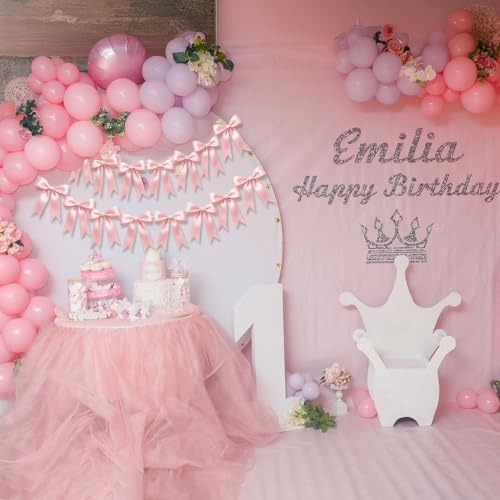 Image of 1 String of 8PCS Pink Bow Garland Banner Decoration,Pre-Strung Satin Ribbon Ornaments for Birthday,Bachelorette Party,Bridal Shower,Wedding,Engagement,Baby Shower,Graduation Decor,Anniversary