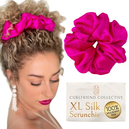 Image of Silk Scrunchies for Ponytail Holders - Oversized Mulberry Silk Scrunchies - Extra Large No Damage Hair Ties for Curly, Thick, and Thin - Hair Accessories for Women - Hot Pink Peony, XL By Curlfriend