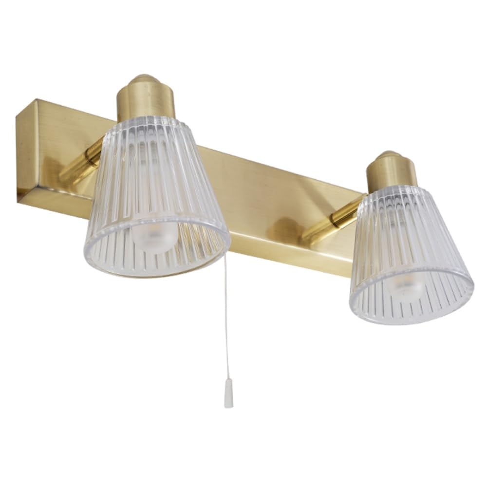 Britalia Satin Brass & Clear Ribbed Glass Bathroom Vintage 2 Lamp Switched Bar Wall Light | 28Cm Wide | Ip44 Rating | 2 X G9 Lamp Bulbs Required | 240V Uk | Pull Cord Switch | Mirror Lighting