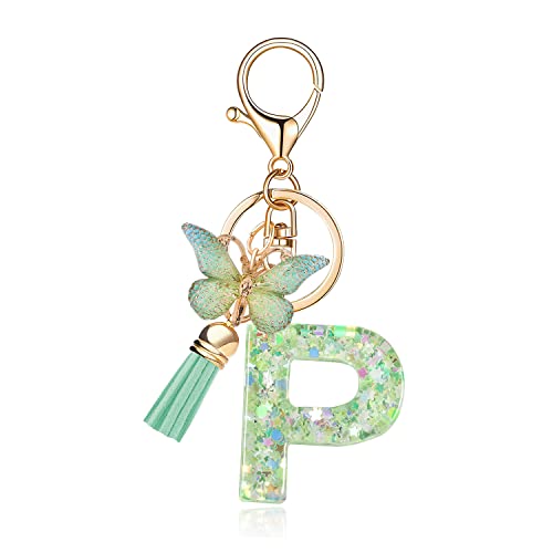 OKAICEN Fashion Alphabet Initial Letter Keychain Green Tassel Butterfly Pendant Key Ring for Purse Handbags Women Girl('P')