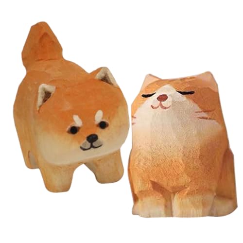 CONGARTENO 2個 木製彫刻動物置物 点 柴犬 橘猫 耐久性ある木材使用 卓上インテリア飾り ホームオフィス向け木彫り猫犬フィギュア 贈り物にも