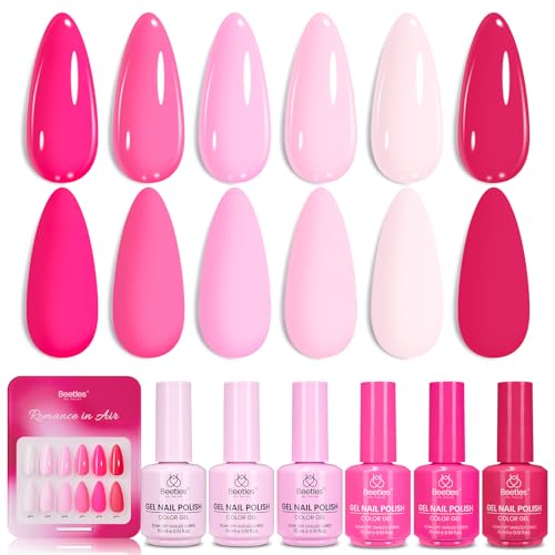 Image of Beetles Pink Gel Polish Set - Romance in Air Collection, 15ml Full Size Bright Hot Pink Gel Polish Kit Natural French Nude Soak Off Gel Nail Kit for Beginners, Salon Quality, Long Lasting