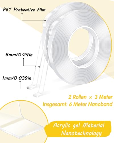 Caianwin 6mm Breites Mini Doppelseitiges Klebeband, Extra Stark Double Sided Tape, Transparentes Nano Tape Ablösbar für Dekoration, Ornamente, Fotowände(2 Rollen à 3 m, 6m Gesamt)