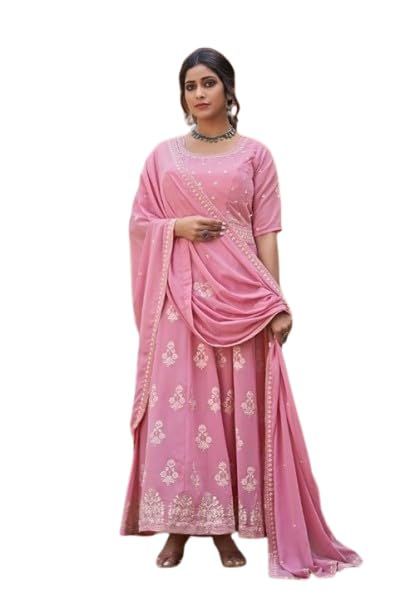 Charm N Elegance Women's Embroidered Chiffon Long Gown with Dupatta, Pink, Regular Fit, A-Line Silhouette-image-27