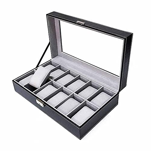 Boîte à montres pour hommes en cuir noir avec grand plateau bijoux et vitrine en verre