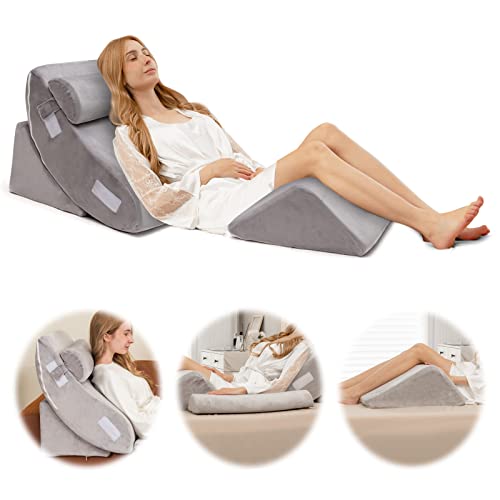 COSTWAY Almohada de Cuña para la Cama de 4 Piezas, Juego de Almohadas Postquirúrgicas de Espuma de...