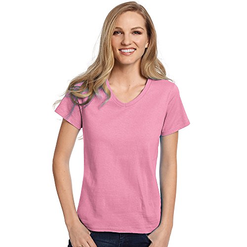Hanes Ladies 5.2 oz. ComfortSoft V-Neck Cotton T-Shirt, Medium, PINK