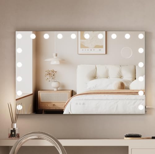 Moziel 90x60cm Espejo Maquillaje con luz, Espejo Tocador Hollywood - Espejo Cosmético 20 LED (3 Colores, Brillo Ajustable) para Pared o Mesa - Ideal Baño/Dormitorio