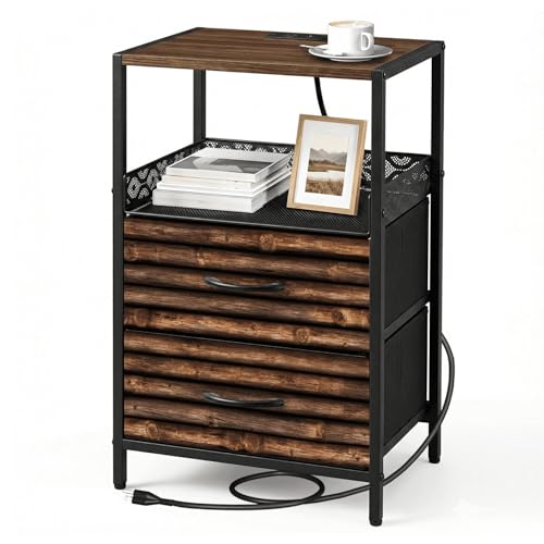 Night Stand with Charging Station Bedside Table with 2 Fabric