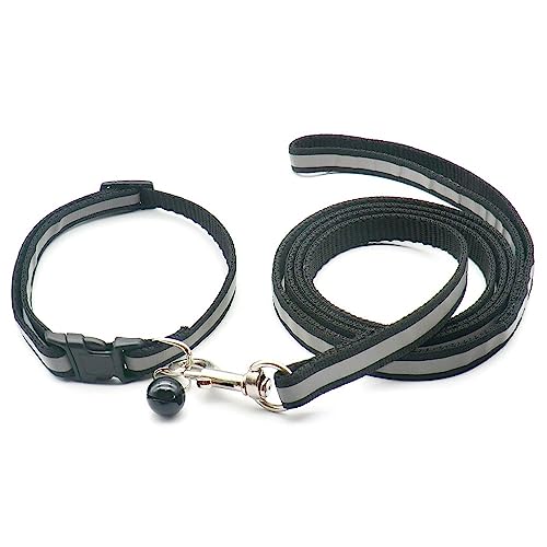 Small Dog Puppy Pet Collar and Lead Set Reflective Hi-Vis Strip Nylon Adjustable Size 19-32cm Collar with Bell and 120cm Leash Black - Image 2
