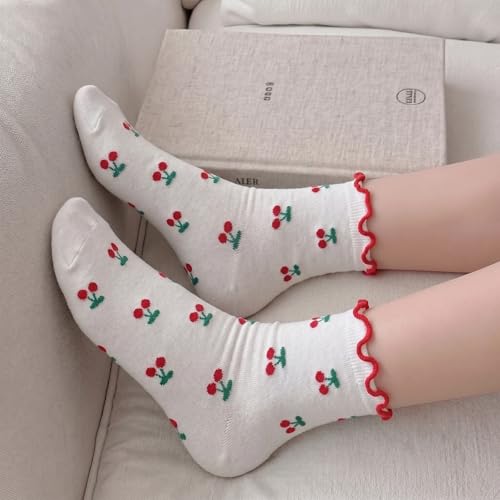 Image of Women's Cute Crew Socks, Casual Athletic Cotton Bowknot Cherry Calf Novelty Socks for Women