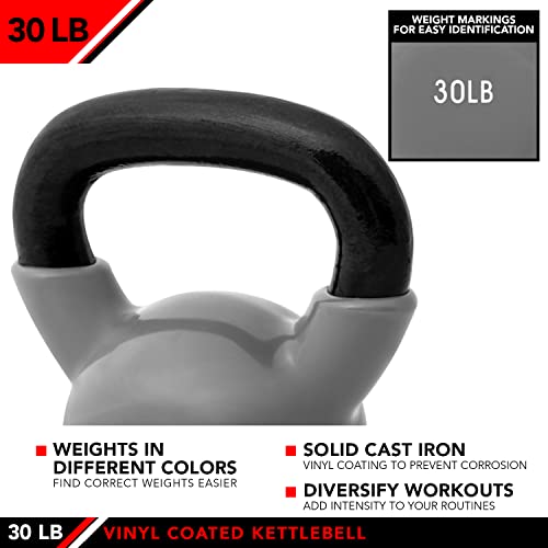 JFIT Vinyl-Coated Cast Iron Kettlebell Weight – Flat Bottom Kettlebell for Strength Training, Cross Training & Home Gym Workouts, 30LB-Gray by JFIT - Image 4