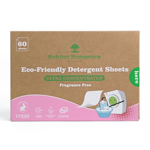 Habitat Homestore Ultra Concentrated Laundry Detergent Sheets, 60 Sheets, Vegan, Cruelty Free, Liquid Enzyme Formula, Zero Plastic Waste, Healthy Living, Fragrance Free, Up to 120 Loads.