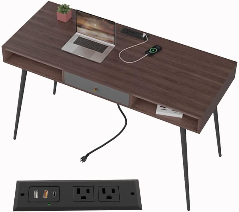 kevinplus Escritorio moderno de mediados de siglo con cajón de 46.8 pulgadas con puerto USB de carga rápida y toma de corriente, escritorio para