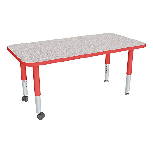 Image of Sprogs Adjustable Height Mobile Classroom Activity Table for Preschools, Rectangle Preschool Activity Table with Casters, 24 inchL x 48 inchW x 23 inchH, Gray /Red