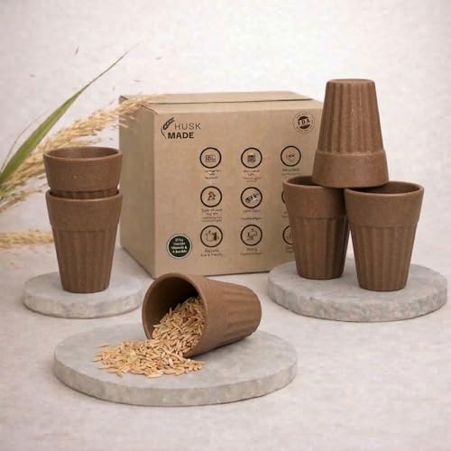 Image of Eco-Friendly Tea Cup Set of 6 | Kulhad Style Coffee & Tea Mugs | 140 ml Unbreakable, Stain-Free, Heat Resistant, Reusable, Microwave Safe | Rice Husk & Bamboo Fibre | Natural Husk