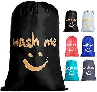 IHOMAGIC Laundry Bag Extra Large 100L, Foldable Storage Bag with Drawstring Cord Lock Closure, Nylon Dirty Clothes Bags for Bedroom Home or Dormitory and travel, Golden Smile Fabric Bag, Black