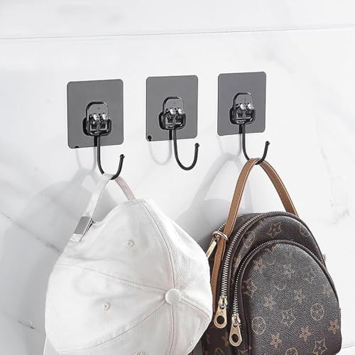 Image of Heavy Duty Adhesive Wall Hooks | 7 x 7 cm | Strong Waterproof No Drill Sticky Hook Hangers for Towel, Keys, Bags & Clothes | 10 Pcs Self Adhesive Wall Hooks - Black