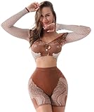 WEICHUJIAN Women Sexy Rhinestone Tube Top Mesh Hollow Off Shoulder Long Sleeve Shorts 2 Piece Set (Brown, Large)