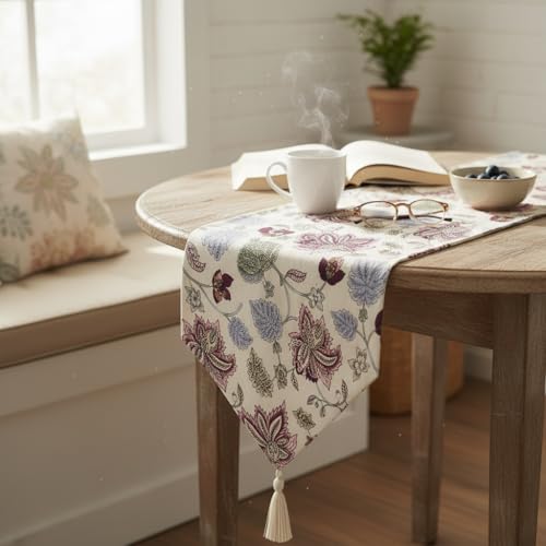 Image of COZY FURNISH Decorative Floral Cotton Table Runner - Tassel Dining Table Runner for 6 Seater & Bed Runner | Washable Home Furnishing Runner 13x72 Inch