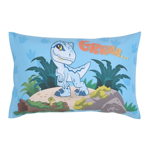 Image of NoJo Universal Jurassic World Explorers Welcome to Jurassic World, Green, Blue, and Tan Dinosaur 4 Piece Toddler Bed Set - Comforter, Fitted Bottom Sheet, Flat Top Sheet, and Reversible Pillowcase