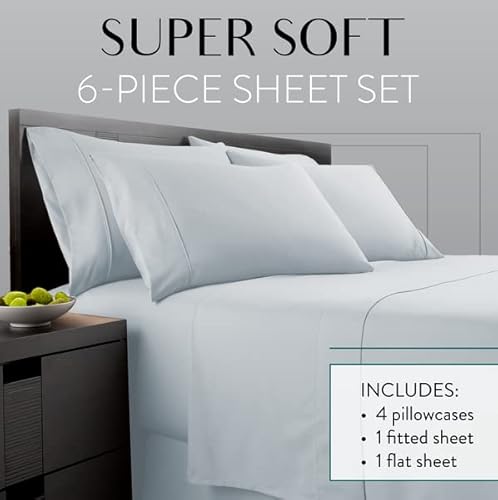 Danjor Linens Ice Blue King Size Bed Sheets Set - 6 Pc Soft Bedding & Pillowcases Set W/Deep Pockets & 2 Extra Pillowcases- Breathable, Wrinkle Free #TOP1