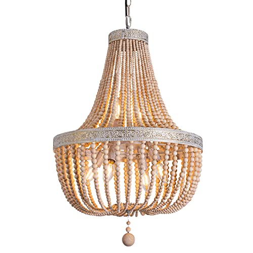 6-Lights Farmhouse Boho Wood Bead Chandelier,Modern Natural Wooden Beaded Pendant Light Fixture,E12 Adjustable Pendant Lighting for Dining Room Living Room Bedroom