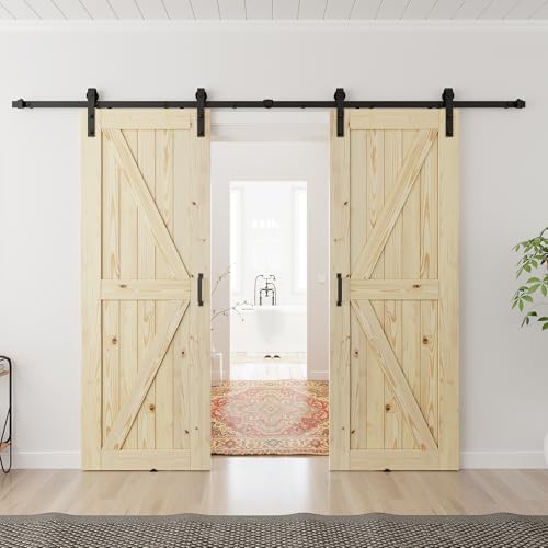 SMARTSTANDARD 30x84 inch Double Barn Door with 10ft Sliding Barn Door Hardware Kit Included, Unfinished Solid Spruce Wood, A Simple Assembly is Requir