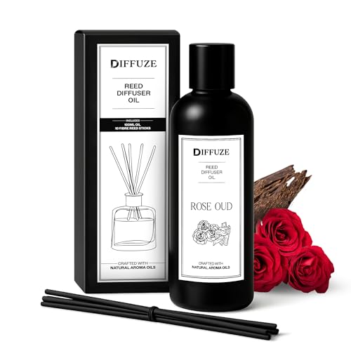 Image of DIFFUZE Rose Oud Essential Oil Reed Diffuser Refill with 10 Fibre Reed Sticks | Luxury Floral Woody Aroma Oil | Diffuser Oil for Home Fragrance