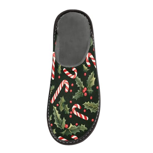 Slippers for Women Candy Cane Holly Leave Pattern Soft Winter Warm Shoes Indoor Outdoor Non-Slip House Travel Slippers3