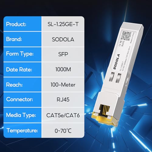Image of SODOLA 1.25G SFP-T, 10 /100 /1000Base-T Copper SFP, SFP to RJ45 SFP Module Transceiver for,Cisco SFP-GE-T, Meraki, Fortinet, Ubiquiti UniFi UF-RJ45-1G, D-Link, Supermicro, Netgear, TP-Link and More