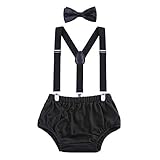 AWAYTR Baby Boys Cake Smash Outfit - First Birthday Party Suspenders Bow Tie Bloomers Set (Black)