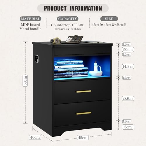 Image of Nightstand with Gun Drawer, Charging Bedside Table with USB-A & Quick-Charge Type-C Port, LED Night Stand with Soft Glow Human Sensor Light, Modern End Table with Drawers for Bedroom Office, Black