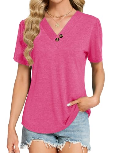 VUTRU Blouse for Women Tops Summer V Neck Puff Short Sleeve Henley Tshirts Tunic Boho Holiday Dressy Casual Plus Size, Rose Red M — view 2