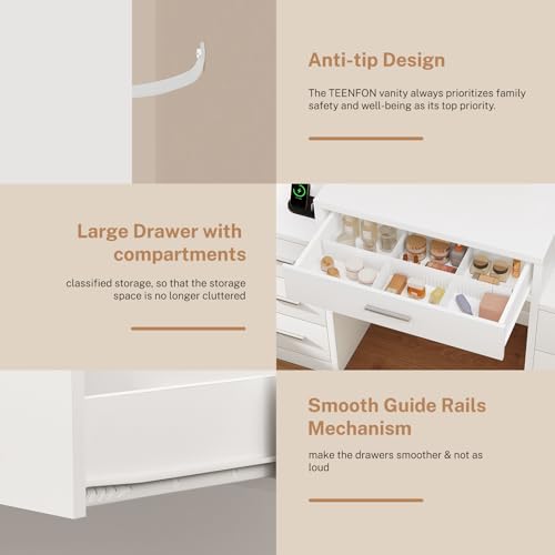 Image of FIONESO 47.2 inch Large Vanity Desk with LED Lighted Mirror & Power Outlet, Makeup Vanity Desk with 7 Drawers and Lots Open Shelves, White Vanity for Girls, for Bedroom