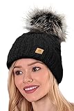 4sold winter cappello set da donna taglia unica di lana di mohair e sciarpa invernale di lana berretto beanie fodera in pile pompom artificiale - birma black