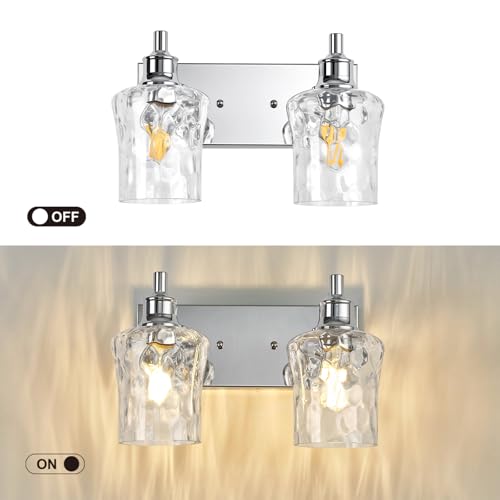 Image of Bathroom Light Fixtures Farmhouse Chrome Vanity Lights for Bathroom Lighting Fixtures Over Mirror with Hammered Glass Lampshade for Cabinet Mirror Bedroom Hallway 2 Light