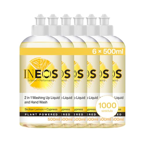 INEOS 2in1 Washing Up Liquid 3L (500ml x 6) 1000 Sinkfuls Dishwashing + Handwashing Plant Powered Sicilian Lemon + Cypress Packaging May Vary