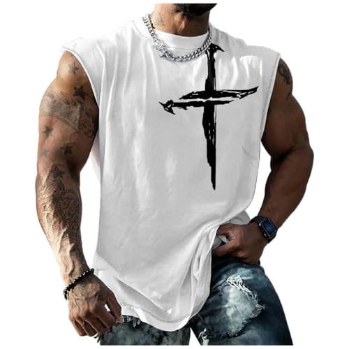 HOTYD Mens Jesus Cross Print Tank Tops Faith Christian Retro Graphic Shirts Moisture Wicking Sleeveless Gym Workout Tops