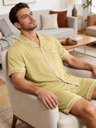Image of Mens Pajamas Set Short Sleeve Sleepwear Button Down Loungewear Set Soft Modal 2Pcs Pj Set with Pockets S-3XL