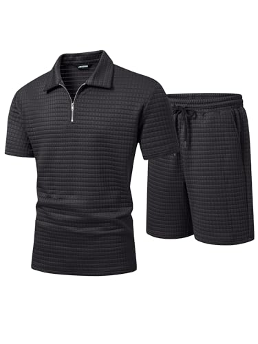 JMIERR Men's Short Sleeve Outfit 2 Piece Textured Polo Shirt