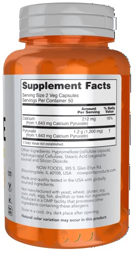 Now Sports Nutrition, Pyruvate (Pyruvic Acid) 600 Mg, Energy Production*, 100 Veg Capsules #TOP1