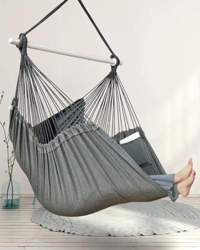 Image of XXL Hammock Chair Hanging Rope Swing with 2 Cushions - Max 500lbs-Perfect for Patio, Porch, Bedroom, Backyard, Indoor or Outdoor - Includes Hanging Hardware Kits