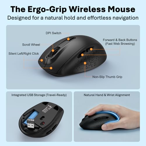 Teclado y mouse inalámbricos ergonómicos USB de 2.4 G con escritura silenciosa para PC 6