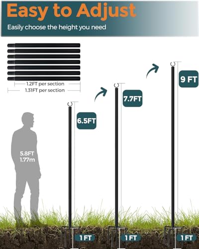 LAND·VOI Metal String Light Poles for Outside Hanging - Backyard, Garden, Patio, 2 Pack Lighting Stand with Adjustable Height for Outdoor Parties, Wedding, Extra-Long 5-Prong Claws, (10FT) FLP02B - Thumbnail 7