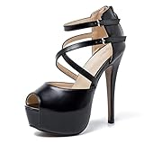 MAIERNISI JESSI Women's Platform High Heel Sandals, Peep Toe, Crisscross Straps, Strappy Ankle Buckle, Zip, Stiletto Heels Matte Black 40 - US 8.5