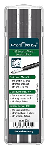 Pica 6055 I Spezial Steinhauer Ersatz-Minen für Pica Big Dry 6060 I Graphit Härte 10H I ideal für trockenes Mauerwerk Stein und Beton I extrem hart und robust I 2x5 mm I 12 Stück