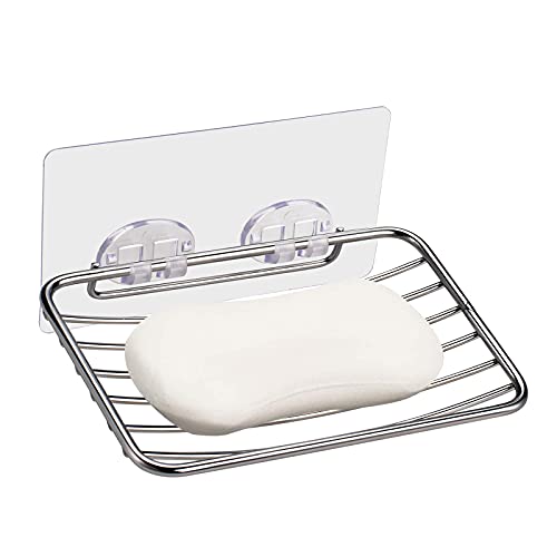 AmazerBath Suction Cup Soap Dish, Soap Holder for Shower Wall, Bar Soap Holder Stainless Steel, Suction Soap Dish for Shower Wall, Sponge Holder for Kitchen Sink - Chrome