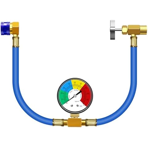 JIFETOR AC Charge Hose with Gauge, Car R134A Refrigerant Recharge Kit, Auto Air Conditioning U Charging Hose Low Pressure Measuring Meter with 1/2 inch Can Tap and R134A Quick Coupler, 100PSI Cover