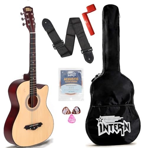 Image of Intern 38 Inch Acoustic Guitar for Beginners with Bag, Strap, Strings, Picks & Winder | Cutaway Design | Steel String Guitar for Kids & Adults. (Natural)